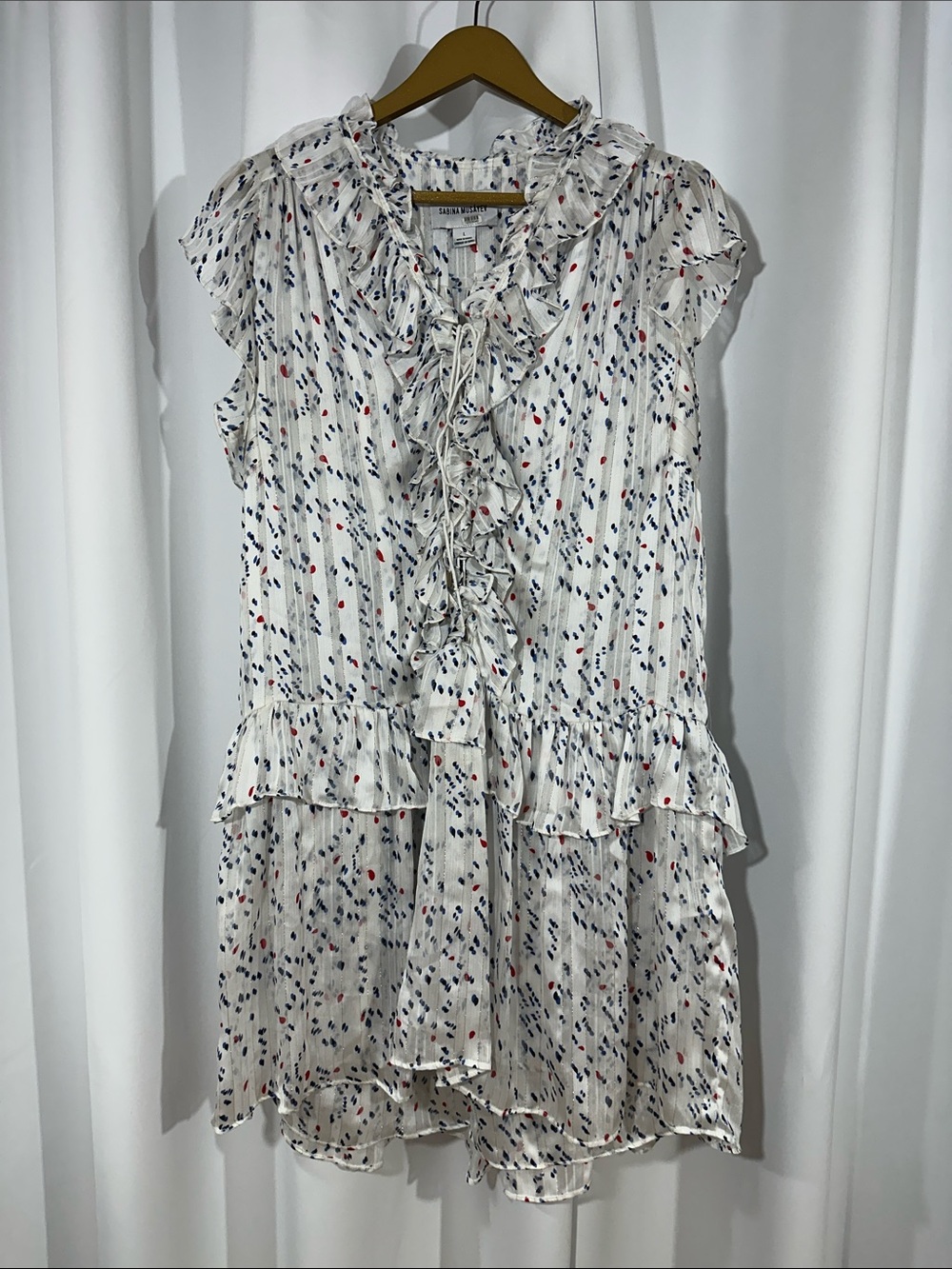Sabina Musayev Ruffle Mini Dress Large Abstract Print Tie Neck Flowy